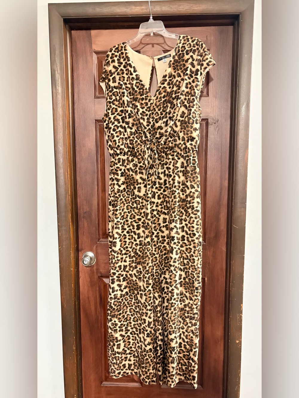 Leopard Print V-Neck Jumpsuit - Brown